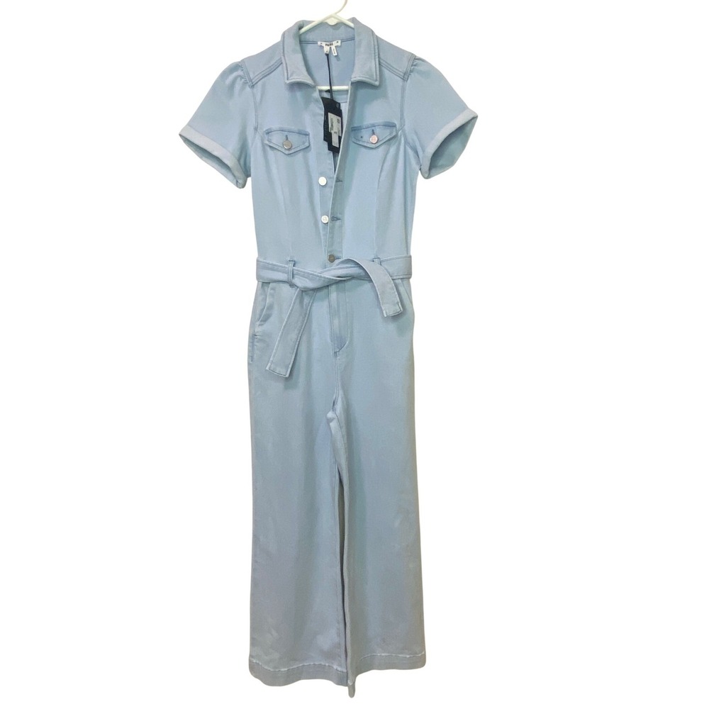 PAIGE Anessa Short Sleeve Denim Utility Jumpsuit Light Blue Wide Leg Size 4 NWT